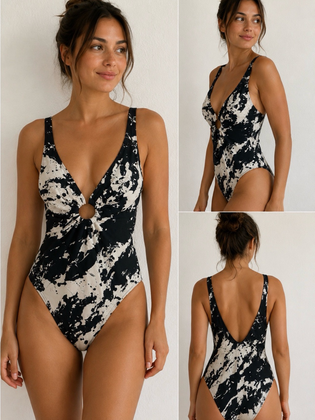 Carmen Marc Valvo Black & White Abstract Ring Front One-Piece Swimsuit Size 4